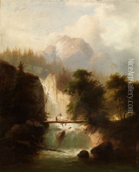 Wasserfall Mit Holzbrucke Im Gebirge Oil Painting - Heinrich Gaertner