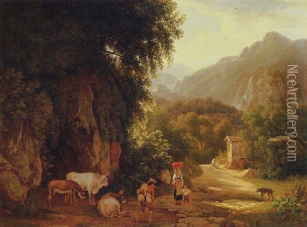 An Italianate Landscape With Travellers And Peasants On A Mountain Track, Others Praying In Front Of A Chapel Beyond Oil Painting - Abraham (Alexandre) Teerlink