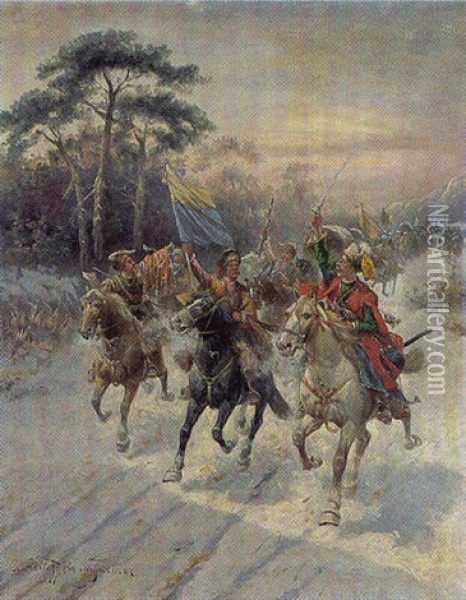 Polnische Reiter Im Winter Oil Painting - Adolf (Constantin) Baumgartner-Stoiloff