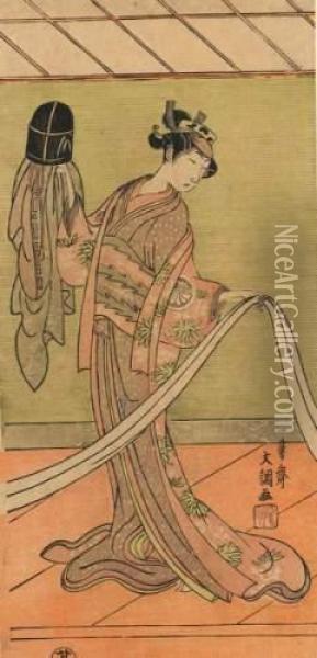 Jeune Femme Debout En Kimono Regardant Un Obi. Oil Painting - Ippitsusai Buncho
