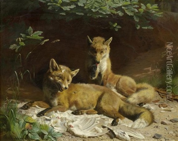 Zwei Fuchse Oil Painting - Adolf Heinrich Mackeprang