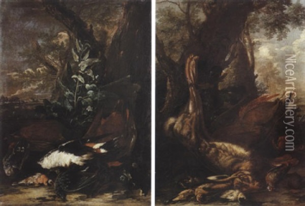 Nature Morte Aux Canards Sauvages, Huppes Et Etourneaux Sur Fond De Paysage Oil Painting - Jacob van der Kerckhoven