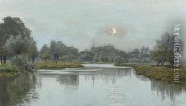 Two Views Of The River Ouse In 
Huntingdonshire: One With The Church Of Hemingford Abbots In The 
Distance (illustrated); One Seen From The Village Of Holywell Oil Painting - William Fraser Garden