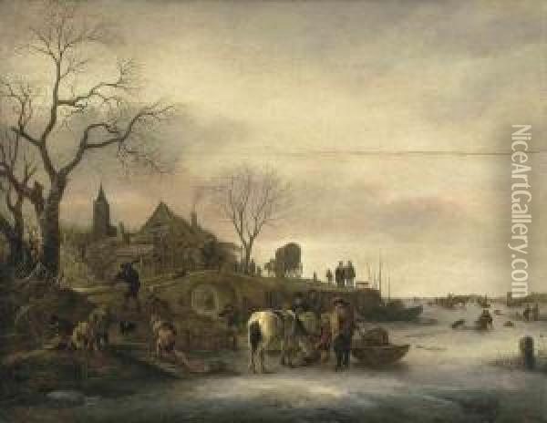 A Winter Landscape With Figures On A Frozen Lake With A Churchspire Beyond Oil Painting - Isaack Jansz. van Ostade