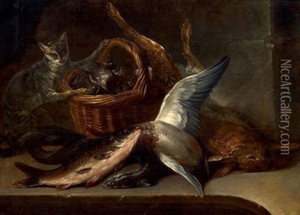 Nature Morte De Poissons, De Lievre Au Panier D'huitres Avec Un Chat Oil Painting - Nicolas Henry Jeaurat De Bertry