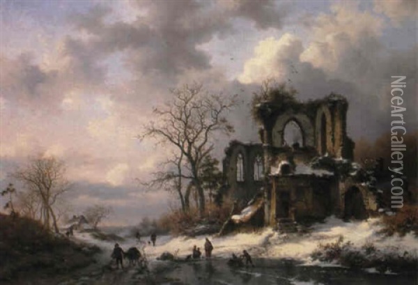 Figures On A Frozen Path By A Ruin Oil Painting - Frederik Marinus Kruseman