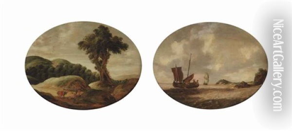 A Hilly Landscape With Travellers Resting On A Track; A Coastal Landscape With A Small Ship And A Man-o-war On Choppy Waters (pair) Oil Painting - Gillis (Egidius I) Peeters