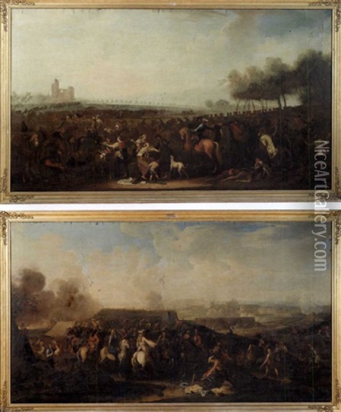 Battle Scene (+ Another Similar; Pair) Oil Painting - Georg Philipp Rugendas the Elder