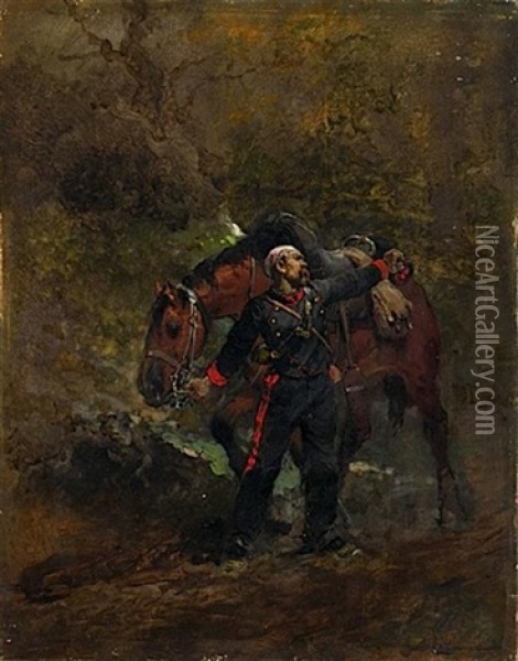 Scene De La Guerre, Artilleur A Cheval Blesse Oil Painting - Alphonse Marie de Neuville