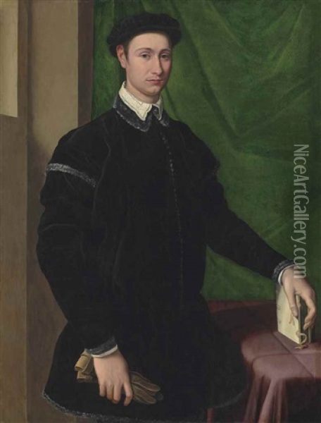 Portrait Of A Gentleman In A Black Fur-trimmed Doublet With A White Collar, Wearing A Black Cap, A Pair Of Gloves In His Right Hand, His Left Hand Resting On A Book, Before A Green Curtain Oil Painting - Jacopo del Conte