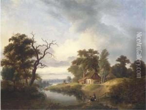 Washerwomen By A River With A Cottage Beyond Oil Painting - Johann Hendrik Morrien