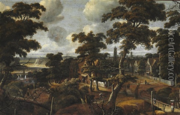 A View Of A Dutch Village In A Forest Landscape Oil Painting - Jan Looten