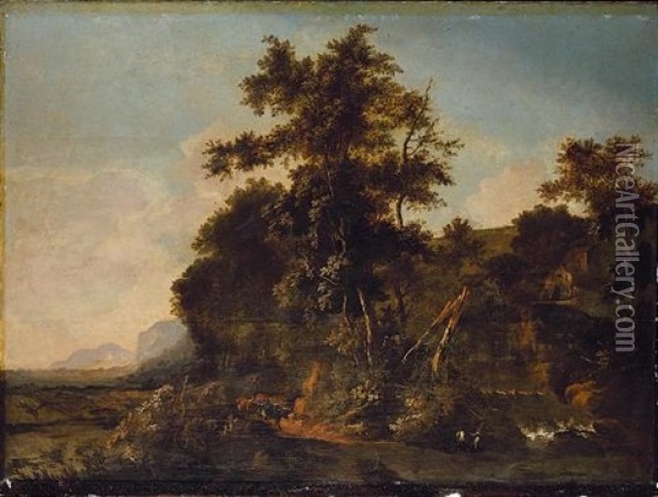 A Herdsman With Cattle In An Extensive Landscape Oil Painting - Willem Hendriksz Verboom