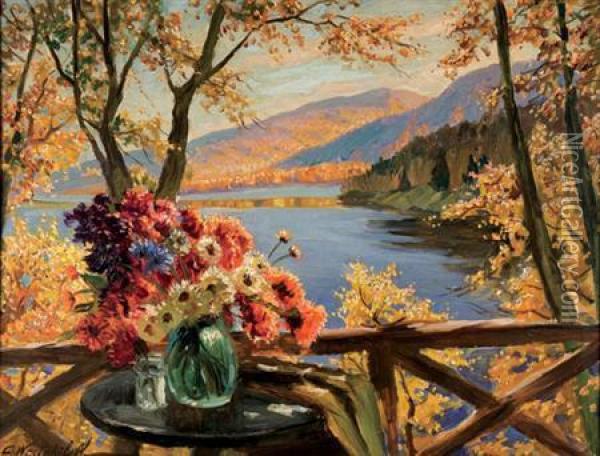 Floral Still Life By A Mountain Lake Oil Painting - Constantin Alexandr. Westchiloff