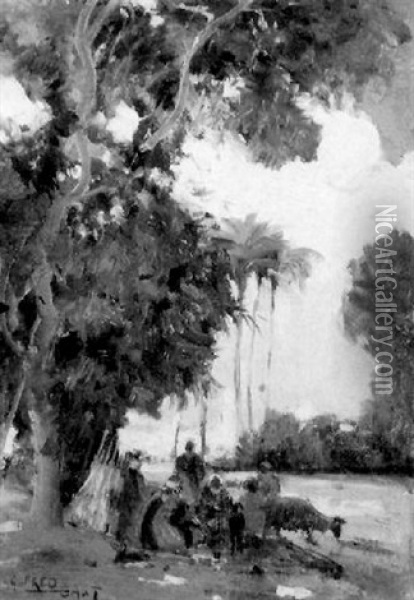 Shepherds Beneath A Tree Oil Painting - Sir Alfred East