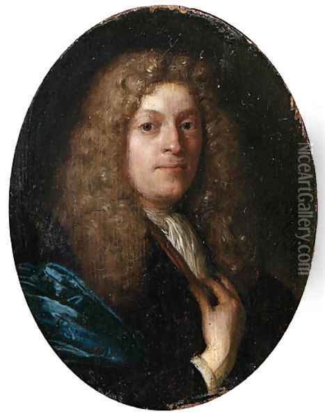 Portrait of a gentleman, aged 36, small bust-length, in a blue gown, with a full-bottomed wig Oil Painting - Carel de Moor