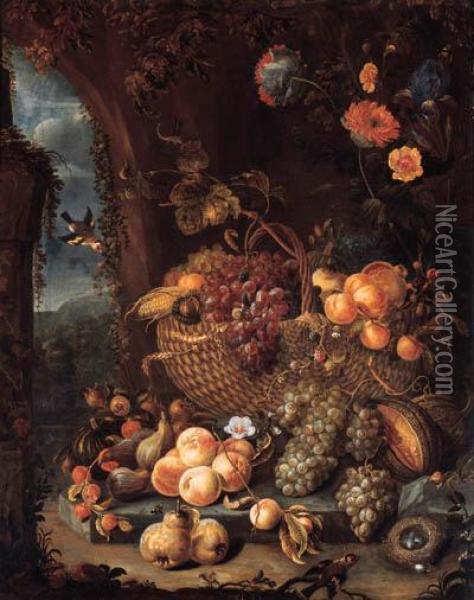 A Basket Of Grapes And Other Fruit On A Stone Ledge With Peaches,grapes, Pears, Melons, Figs And Flowers By A Wall, Bull-finches Anda Nest Nearby Oil Painting - Hendrick Schoock