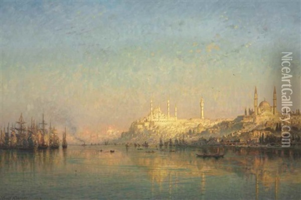 View Across The Golden Horn, Hagia Sophia And The Blue Mosque Beyond, Constantinople Oil Painting - Ernest Karl Eugen Koerner