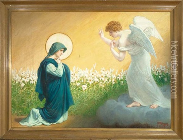 The Annunciation, Archangel Gabriel And The Virgin Mary Oil Painting - Frederic Pierre Tschaggeny