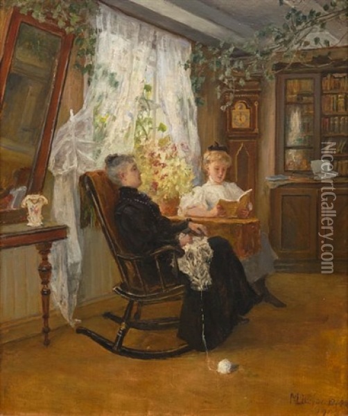 Interior Med To Kvinner Oil Painting - Johanne Mathilde Dietrichson