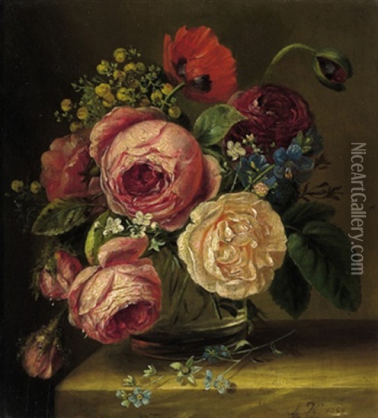 Rosen, Mohnblume Und Vergismeinnicht In Glasvase Oil Painting - Adriana Johanna Haanen