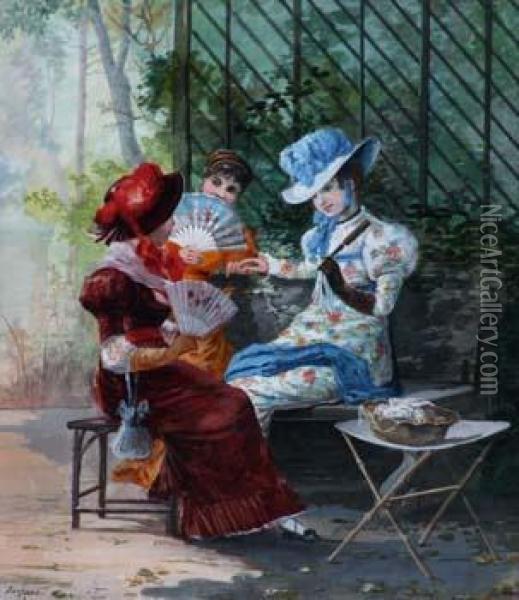 Ladies Conversing In A Garden Terrace Oil Painting - Francois Louis Lanfant de Metz