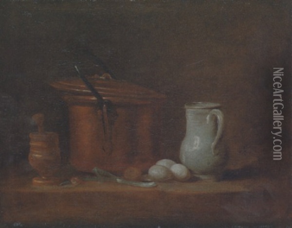 A Copper Cauldron, A Pestle And Mortar, A Stonewar Jug, Eggs And A Spring Onion On A Ledge Oil Painting - Jean-Baptiste-Simeon Chardin