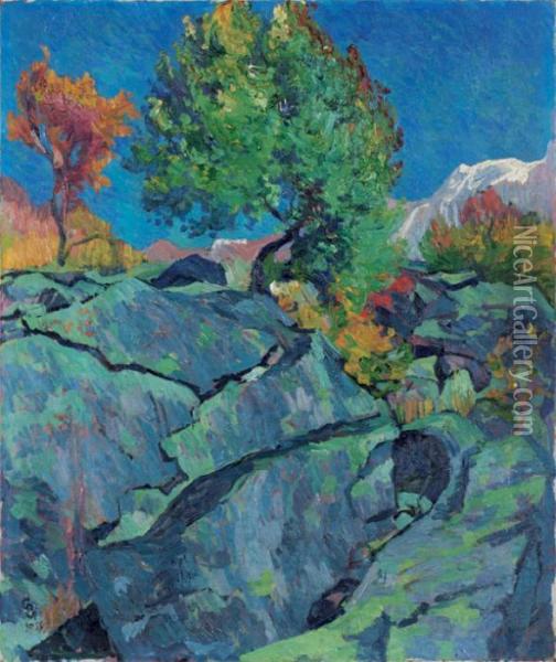 Tremolo - Espe - Paysage De Rochers - Baum Auf Felsen In Maloja Oil Painting - Giovanni Giacometti