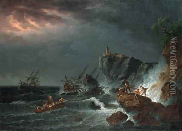 A rocky Coast in a Storm with a shipwrecked Sailing Boat and Fishermen casting a Rope to a Rowing Boat in Peril Oil Painting - Philip Jacques de Loutherbourg