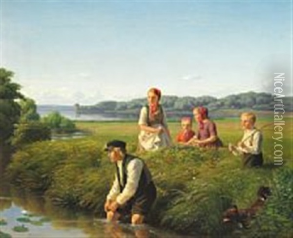 Farmer Boy Picking A Water Lily To His Girlfriend On A Nice Summer Day Oil Painting - Jorgen Valentin Sonne