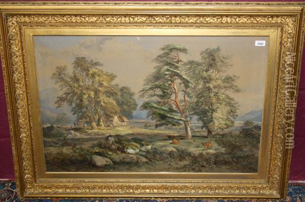 Extensive Wooded Landscape With Cattle And Figures Beside A Cottage Oil Painting - James Ferrier
