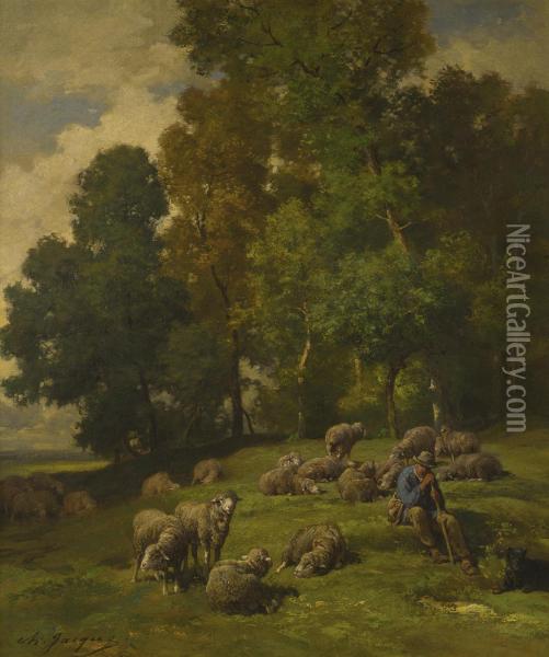 Shepherd In A Field With His Flock Oil Painting - Charles Emile Jacque