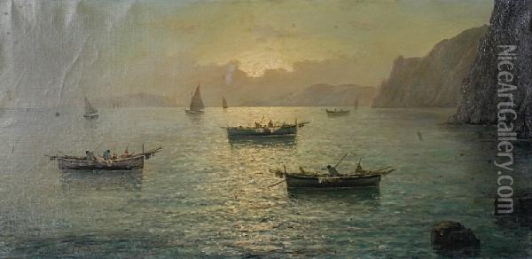 Boats On The Mediterranean Sea At Sunset Oil Painting - Vincenzo D'Auria
