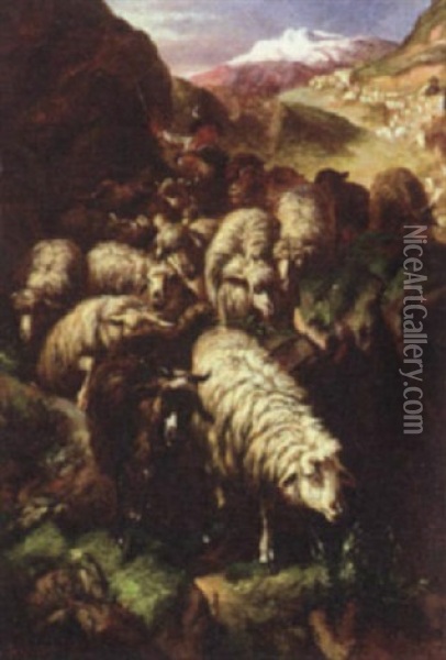 Herding Sheep Through The Mountains Oil Painting - Anton Braith