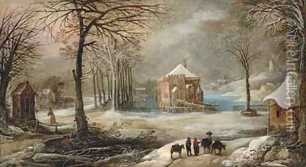 An extensive winter village landscape with peasants and their mules on a path Oil Painting - Frans de Momper