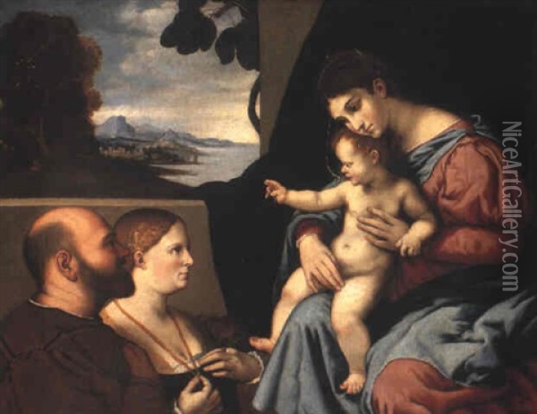 Madonna And Child With Donor Couple Oil Painting - Lorenzo Lotto