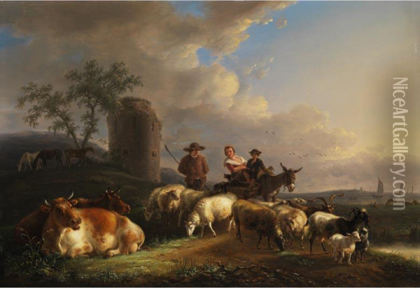 Schaferszene In Italienisierender Ideallandschaft Oil Painting - Jean-Baptiste De Roy