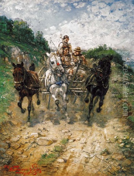 Vagtato Szeker (galloping With The Cart) Oil Painting - Lajos Kubanyi
