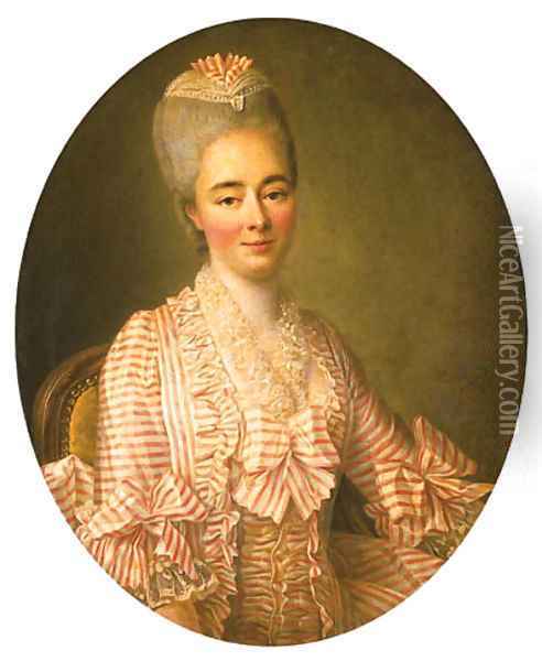 Portrait of a Lady, said to be Yvonette Moulin de la Racinire, seated half-length, in a pink and white striped dress with lace trimmings Oil Painting - Francois-Hubert Drouais