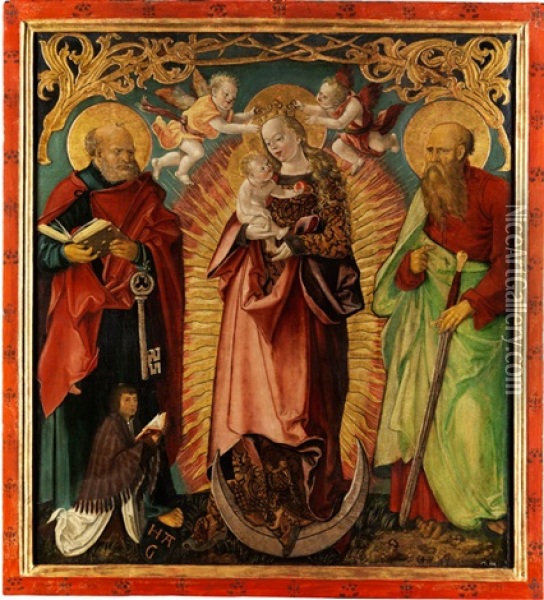 Madonna Mit Kind Auf Der Mondsichel Sowie Die Heiligen Petrus Und Paulus Mit Stifterfigur Oil Painting - Hans (Suess von) Kulmbach