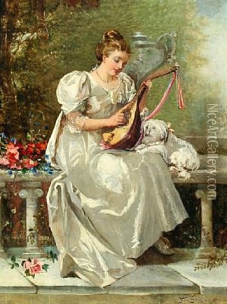 Woman In Elegant Dress Playing The Lute Oil Painting - Kate (Kathryn) Gray