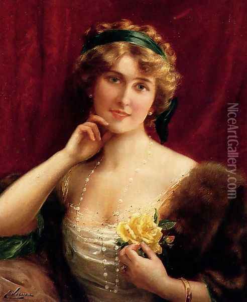 An Elegant Lady With A Yellow Rose Oil Painting - Emile Vernon