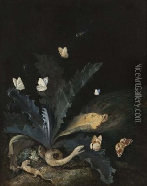 Sous-bois Anime De Papillons, Serpent Et Lezard Oil Painting - Otto Marseus van Schrieck