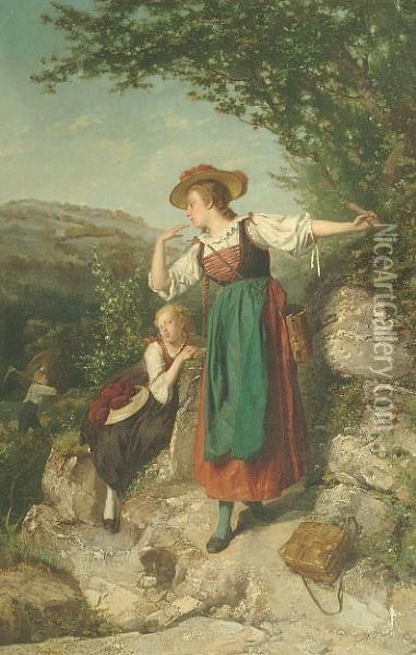 Two Ladies Resting On A Rocky Pathway Oil Painting - Theodore Gerard
