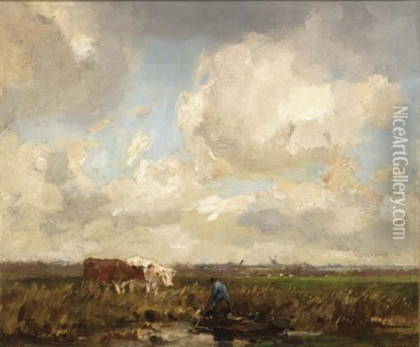 Cows In A Polder Landscape Oil Painting - Frans Langeveld