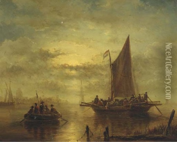 Moored Sailing Vessels In Moonlight Oil Painting - George Willem Opdenhoff