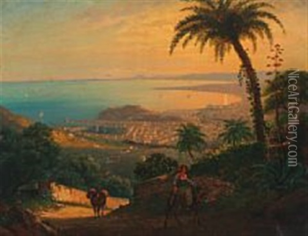 View Of The Gulf Of Naples, In The Foreground An Italien Lady Riding A Donkey Oil Painting - Hans Christian Fischer