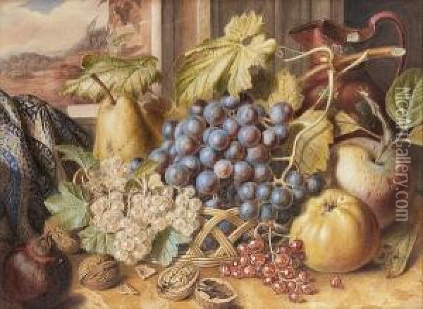 Still Life With A Jug, Apples, Pears, Grapes, Redcurrants, Blackcurrants, Walnuts And Pomegranates Oil Painting - Augusta Innes Withers
