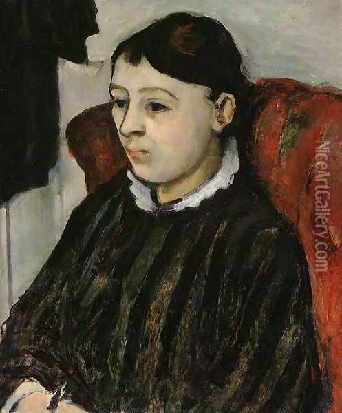 Madame Cezanne In A Striped Robe Oil Painting - Paul Cezanne