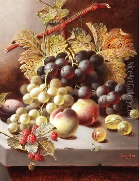 Still Life With Peaches, Grapes And Raspberries Oil Painting - Oliver Clare